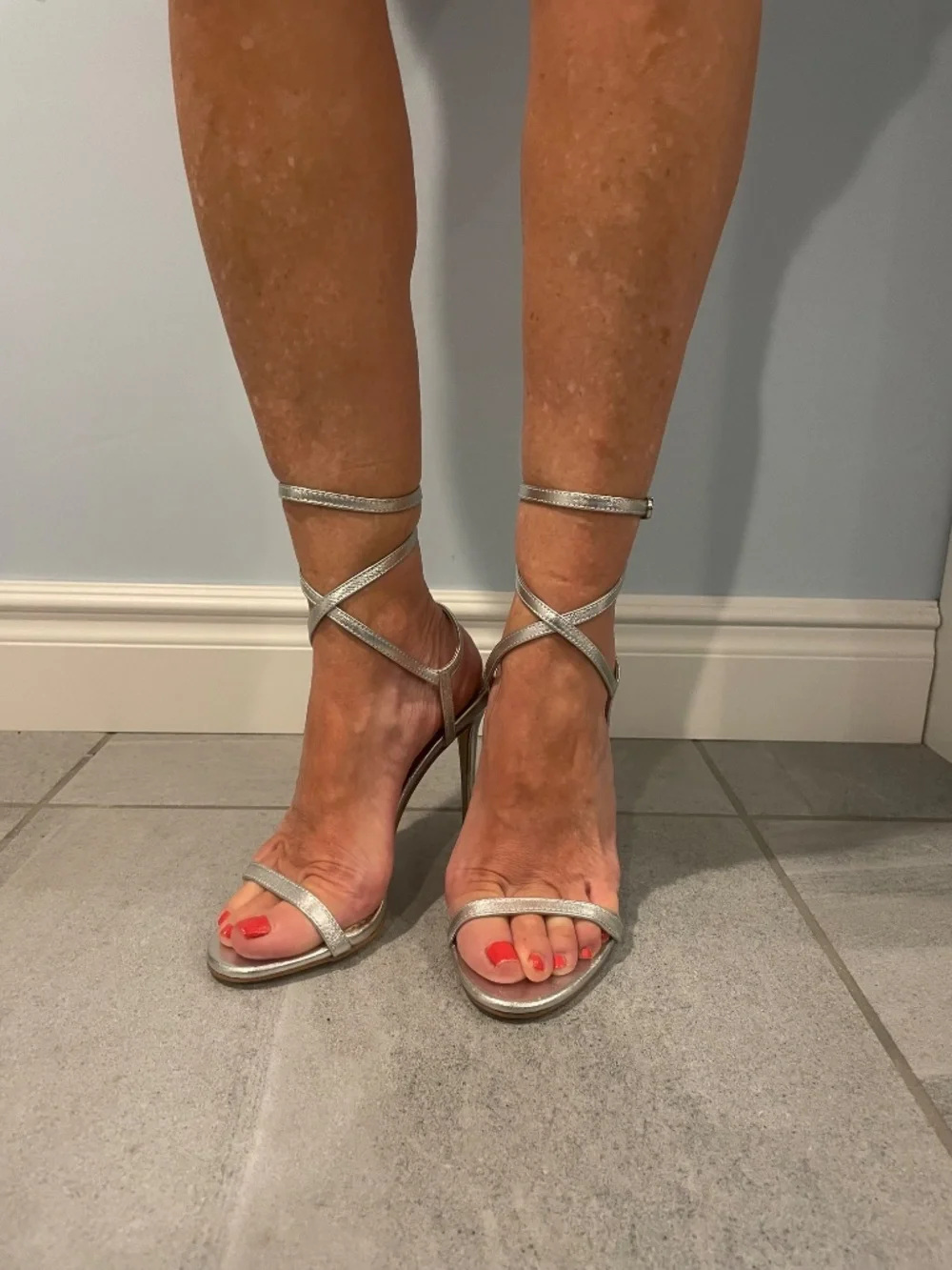 SAM EDELMAN Silver Double Ankle Wrap Heeled Sandals